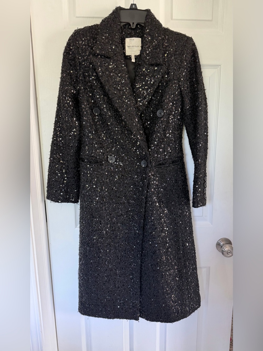 Avec Les Filles Black Sequin Embellished
Overcoat -  XS-Petite
